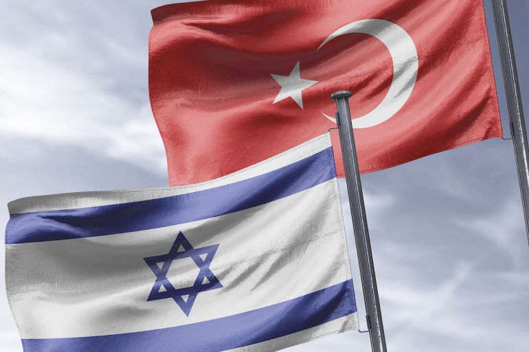 Turkey and Israel flags standing together in front of sky