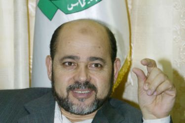 Hamas political bureau member Musa Abu Marzuk gestures during an interview in Damascus 28 June 2006. Abu Marzuk said that he is taking seriously the Israeli threats against