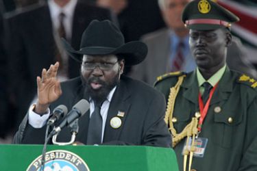 The President of Southern Sudan Salva Kiir addresses a large crowd gathered for a ceremony in the capital Juba on July 09, 2011 to celebate South Sudan's independence from Sudan.