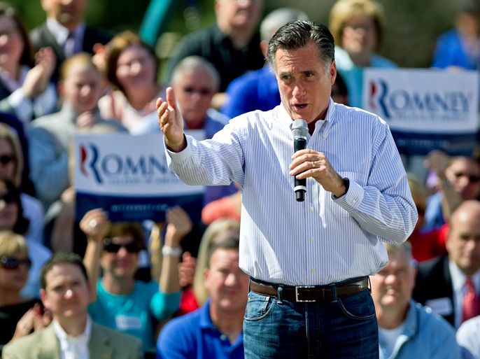 Republican presidential candidate, former Massachusetts Gov. Mitt Romney speaks to supporters during a campaign stop at Kirkwood Park March 13, 2012 in Kirkwood, Missouri. As the race for delegates continues, voters in Alabama and Mississippi will cast their ballots
