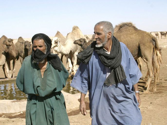 Brothers stand beside their herd of camels as they drink from a water source in the Sahara desert at Layoune, Morocco (1,251 km from Rabat) on Thursday, 28 January 2005. The camels had spent many days in the desert without food or water but are known to be able to survive for up to 30 days without food or water. EPA/KARIM SELMAOUI