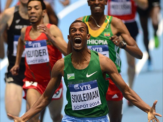 Djibouti's Ayanleh Souleiman reacts after wining the Men 1500 m final event at the IAAF World Indoor Athletics Championships in the Ergo Arena in the Polish coastal town of Sopot, on March 8, 2014