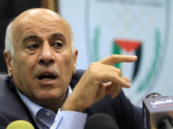 President of the Palestinian Football Federation, Major General Jibril Rajoub speaks during a press conference in Ramallah on February 12, 2014. Rajoub, said that the Palestinian Federation began a campaign to boycott Israeli athletes at the international level, in protest against the obstacles set by Israel against Palestinian sportsmen. AFP PHOTO / ABBAS MOMANI