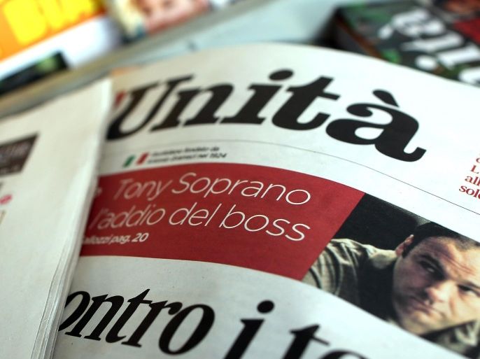 ROME, ITALY - JUNE 21: The title on the front page of Italian newspaper 'L'Unita' regarding the James Gandolfini's death meaning 'Tony Soprano The Goodbye to the Boss' is seen in a kiosk close to the morgue of Policlinico Umberto I Hospital on June 21, 2013 in Rome, Italy. The hospital is expected to release a statement when they have the results of the autopsy being carried out to determine the cause of death of actor James Gandolfini, who died aged 51 of a suspected heart attack on June 19, 2013 at the Hotel Boscolo Roma whilst on holiday.