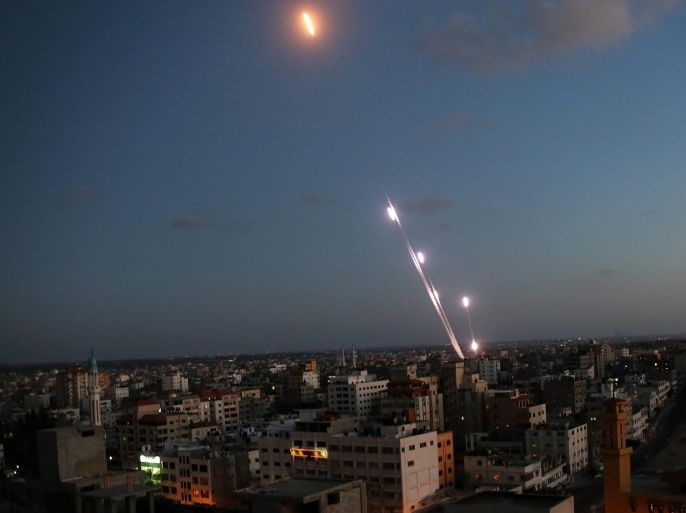 Six J80 rockets launched from the coastal strip into Israel by militants of Ezz Al-Din Al Qassam militia, the military wing of Hamas movement, in Gaza City, 13 July 2014. Israeli naval commandos raided a site in the Gaza Strip used by Hamas to fire rockets into Israel, the military said 13 July 2014, the sixth day of a major offensive that has left at least 165 Palestinians dead. It is believed to be the first time ground forces have been used by Israel in the conflict and came amid intense Israeli airstrikes in response to a barrage of Hamas rockets fired toward Tel Aviv and elsewhere.