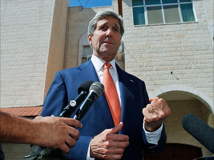 U.S. Secretary of State John Kerry speaks to reporters after meeting Palestinian President Mahmoud Abbas in the West Bank city of Ramallah July 23, 2014. Israeli forces pounded Gaza on Wednesday, meeting stiff resistance from Hamas Islamists and sending thousands of residents fleeing, as Kerry said on his visit to Israel ceasefire talks had made some progress. Israel launched its offensive on July 8 to halt missile salvoes by Hamas and its allies, struggling under the weight of an Israeli-Egyptian economic blockade and angered by a crackdown on their supporters in the nearby occupied West Bank. REUTERS/Charles Dharapak/Pool (WEST BANK - Tags: POLITICS CIVIL UNREST CONFLICT)