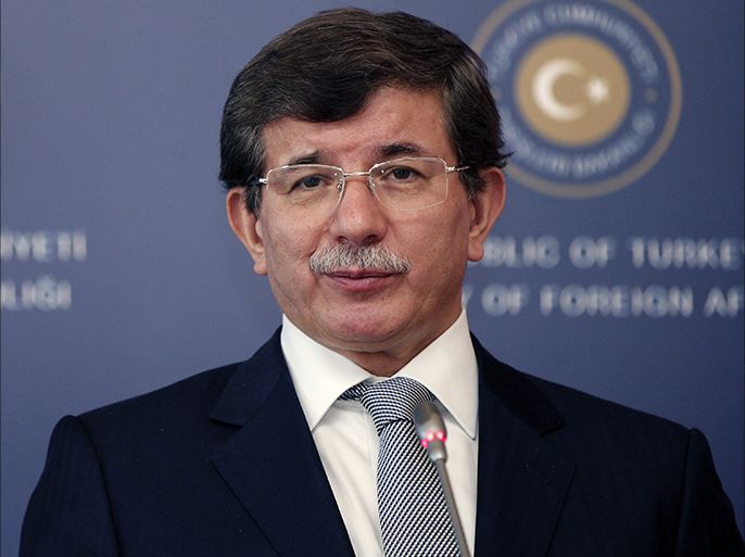 epa03958248 Turkey's Foreign Minister Ahmet Davutoglu is pictured during a press conference with British Foreign Secretary William Hague (not seen) in Istanbul, Turkey, 20 November 2013. Hague is on a two-day official visit in Turkey. EPA/SEDAT SUNA