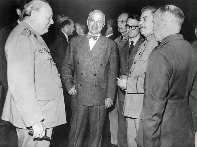 epa03809422 (FILE) A file photo dated 17 July 1945 shows (from L) British premier Winston Churchill (L), US President Harry Truman (2-L) and Russian leader Joseph Stalin (2-R) at the Potsdam conference, Germany. Reports state on 31 July 2013 that Brompton Road tube station, in central London, which is currently owned by the Ministry of Defense (MoD), is to be sold. The building, currently owned by the Ministry of Defense (MoD), used to be Winston Churchill's command centre during WWII. The MoD is now selling the disused station hoping to gather 60 million pounds (69 million euros) for the British troops in the frontline. The building is currently home to the London University Air Squadron, the London University Royal Naval Unit, and 46F Squadron Air Training Corps. EPA/STR BLACK AND WHITE ONLY