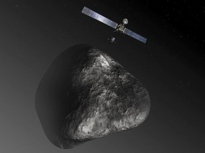 A handout image of an artist's impression, not to scale, of the Rosetta orbiter deploying the Philae lander to comet 67P/Churyumov-Gerasimenko, released by the European Space Agency (ESA) on December 3, 2013. European spacecraft Rosetta became the first ever to rendezvous with a comet August 6, 2014, as part of a decade-long deep space mission that scientists hope will help unlock some of the secrets of the solar system. Rosetta, launched by the European Space Agency (ESA) in 2004, will accompany comet 67P/Churyumov-Gerasimenko on its trip around the sun and land a probe on it later this year in an unprecedented manoeuvre. REUTERS/ESA�C. Carreau/ATG medialab/Handout via Reuters (GERMANY - Tags: SCIENCE TECHNOLOGY TPX IMAGES OF THE DAY) ATTENTION EDITORS - THIS PICTURE WAS PROVIDED BY A THIRD PARTY. REUTERS IS UNABLE TO INDEPENDENTLY VERIFY THE AUTHENTICITY, CONTENT, LOCATION OR DATE OF THIS IMAGE. FOR EDITORIAL USE ONLY. NOT FOR SALE FOR MARKETING OR ADVERTISING CAMPAIGNS. NO SALES. NO ARCHIVES. THIS PICTURE IS DISTRIBUTED EXACTLY AS RECEIVED BY REUTERS, AS A SERVICE TO CLIENTS