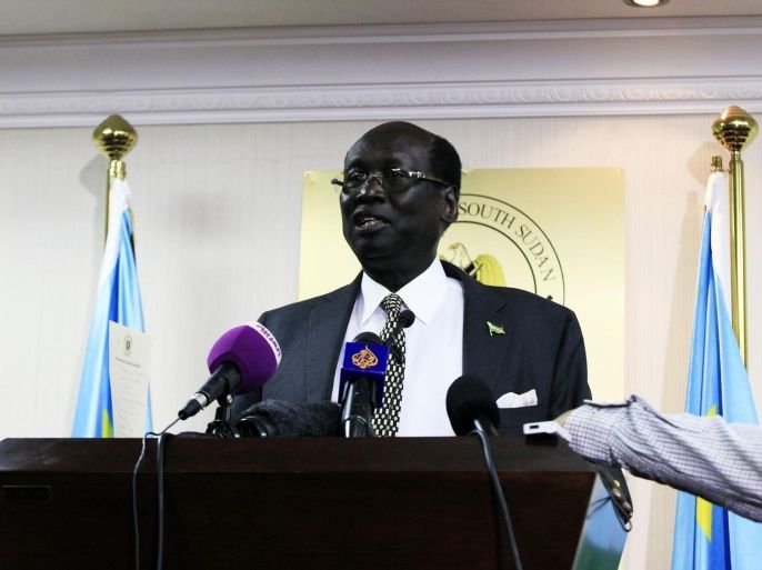 South Sudan Foreign Minister Barnaba Marial Benjamin speaks to the media during a visit of the United Nations Security Council, in the Office of the President in Juba August 12, 2014. REUTERS/Andreea Campeanu (SOUTH SUDAN - Tags: POLITICS CIVIL UNREST)