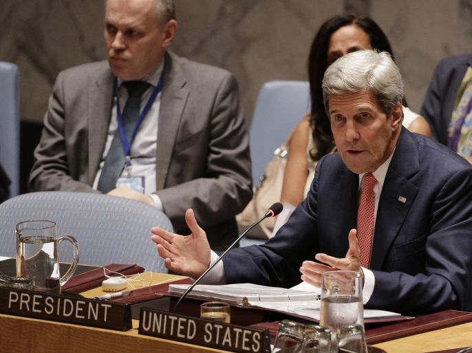 U.S. Secretary of State John Kerry speaks during a U.N. Security Council meeting to discuss the situation of ISIL in Iraq, Friday, Sept. 19, 2014, at the United Nations headquarters. (AP Photo/Julie Jacobson)