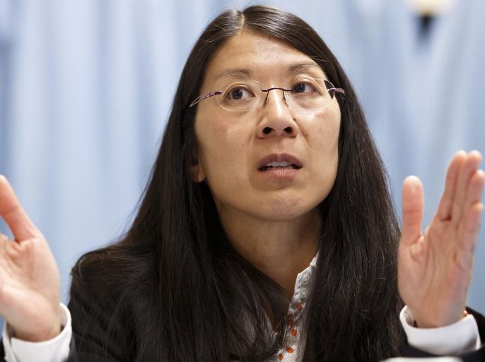 Joanne Liu, International President of Medecins Sans Frontieres, MSF, speaks to the media about the humanitarian situation in Central African Republic, during a press conference, in Geneva, Switzerland, Tuesday, Feb. 18, 2014. (AP Photo/Keystone, Salvatore Di Nolfi)