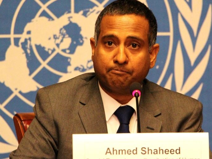 GENEVA, SWITZERLAND - MARCH 14: Ahmed Shaheed, the United Nations Special Rapporteur for Human Rights in Iran, holds a press conference at the UN Headquarters in Geneva, Switzerland on March 14, 2014.