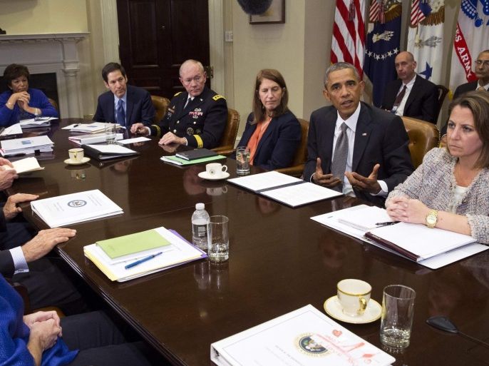 U.S. President Barack Obama meets with members of his national security team and senior staff to receive an update on the Ebola outbreak in West Africa and the administration's response efforts, at the White House in Washington October 6, 2014. From left on Obama's side of the table are Centers for Disease Control and Prevention (CDC) Director Thomas Frieden, Chairman of the Joint Chiefs of Staff Martin Dempsey, Health and Humans Services Secretary Sylvia Burwell, Obama and Homeland Security Advisor and counterterrorism advisor to the President Lisa Monaco. Obama said on Monday his administration was working on additional protocols for screening airplane passengers to identify people who might have Ebola and would step up efforts to make medical professionals aware of what to do if they encounter a case. REUTERS/Kevin Lamarque (UNITED STATES - Tags: POLITICS HEALTH DISASTER)