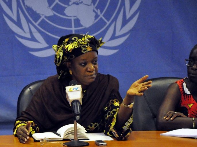 Zainab Hawa Bangura (L), the United Nations (UN) Special Representative of the Secretary-General on Sexual Violence in Conflict, delivers a press conference on October 8, 2014 in Juba. Bangura told the media on October 8 that sexual violence in South Sudan did not end with the ceasefire agreement signed by the country's warring leaders, and called on local communities, governments and the international community to give those who have suffered rape the care and support they need. AFP PHOTO / SAMIR BOL