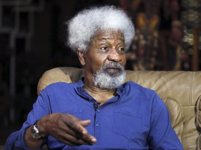 Nigerian Literature Nobel Laureate Wole Soyinka speaks during an interview with Reuters in his home in the southwest city of Abeokuta July 1, 2014. Nigeria is suffering greater carnage at the hands of Islamist group Boko Haram than it did during a secessionist civil war, yet this has ironically made the country's break-up less likely, oyinka said. Speaking to Reuters at his home surrounded by rainforest near the southwestern city of Abeokuta, Soyinka said the horrors inflicted by the militants had shown Nigerians across the mostly Muslim north and Christian south that sticking together might be the only way to avoid even greater sectarian slaughter. Picture taken July 1. To match Interview NIGERIA-SOYINKA/ REUTERS/Akintunde Akinleye (NIGERIA - Tags: POLITICS CIVIL UNREST SOCIETY)
