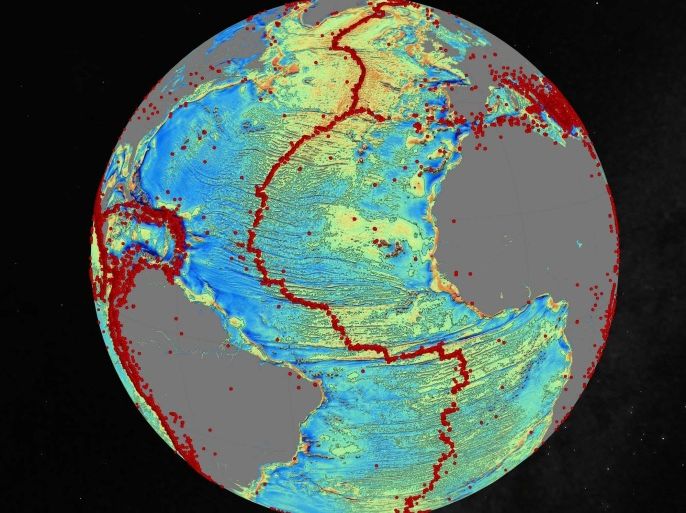 A marine gravity model of the North Atlantic with red dots showing the locations of earthquakes above 5.5 magnitude, highlighting the present-day location of the seafloor, with spreading ridges and transform faults, in this handout image provided by David Sandwell from the Scripps Institution of Oceanography at the University of California (UC) San Diego. Scientists have devised a new map of the Earth's seafloor using satellite data, revealing massive underwater scars and thousands of previously uncharted sea mountains residing in some of the deepest, most remote reaches of the world's oceans. REUTERS/David Sandwell/Scripps Institution of Oceanography/UC San Diego/Handout via Reuters (UNITED STATES - Tags: ENVIRONMENT DISASTER SCIENCE TECHNOLOGY) ATTENTION EDITORS - THIS PICTURE WAS PROVIDED BY A THIRD PARTY. REUTERS IS UNABLE TO INDEPENDENTLY VERIFY THE AUTHENTICITY, CONTENT, LOCATION OR DATE OF THIS IMAGE. NO SALES. NO ARCHIVES. FOR EDITORIAL USE ONLY. NOT FOR SALE FOR MARKETING OR ADVERTISING CAMPAIGNS. THIS PICTURE IS DISTRIBUTED EXACTLY AS RECEIVED BY REUTERS, AS A SERVICE TO CLIENTS