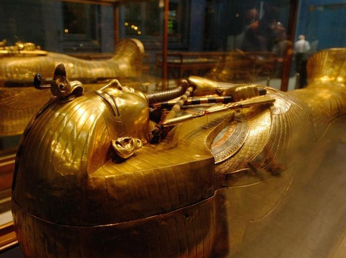 One of King Tutankhamun's gold sarcophagi is displayed at the Egyptian Museum in Cairo late 22 October 2007. This is the third and innermost coffin containing the mummy made of thick solid gold. The gold-plated second coffin appears in the background.