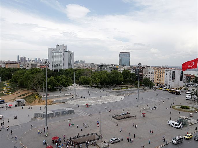 epa04232366 A general view of Taksim Square and Gezi Park in Istanbul, Turkey 30 May 2014. There will be the first anniverary of the Gezi Park protests in Taksim Square where a total of seven people lost their lives in the protests that began from 31 May 2013 against plans to replaceTaksim Gezi Park with a shopping mall. EPA/SEDAT SUNA