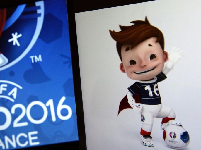 A picture taken on November 18, 2014 in Marseille, southeastern France, shows the mascot (R) and logo (L) of the UEFA Euro 2016 football championship, displayed on screens after the mascot was unveiled by Vine on the championship's account. The Euro 2016 event will feature 24 countries for the first time, up from 16 in 2012, with France becoming the first country to stage the European Championship three times. AFP PHOTO / FRANCK FIFE