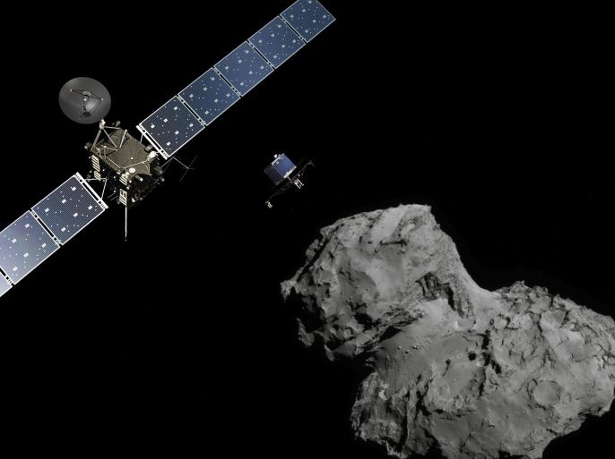 DARMSTADT, GERMANY - NOVEMBER 12: (EDITORIAL USE ONLY) In this November 10, 2014 handout photo illustration provided by the European Space Agency (ESA) the Rosetta probe (L) and Philae lander are pictured above the 67P/Churyumov-Gerasimenko comet. ESA will attempt to land the Philae lander onto the comet in the afternoon (GMT) of November 12 which, if successful, will be the first time ever that a man-made craft has landed onto a comet. The Philae lander is a mini laboratory that will harpoon itself to the surface, though a problem with a gas thruster detected November 11 is making the outcome of the landing uncertain.