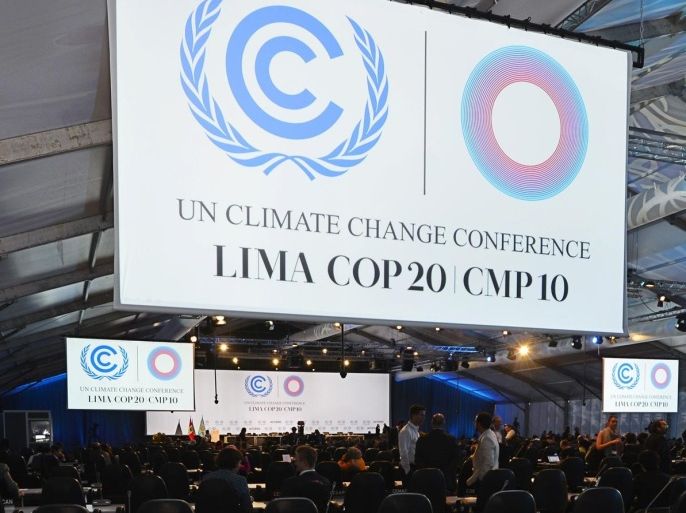 A plenary hall remains empty after a session of the COP20 was postponed on December 13, 2014 in Lima, as commissions continue working on a final document draft. The UN 20th session of the Conference of the Parties on Climate Change (COP20) and the 10th session of the Conference of the Parties serving as the Meeting of the Parties to the Kyoto Protocol (CMP10), which should have finished Friday, extended their negotiations Saturday. AFP PHOTO/CRIS BOURONCLE