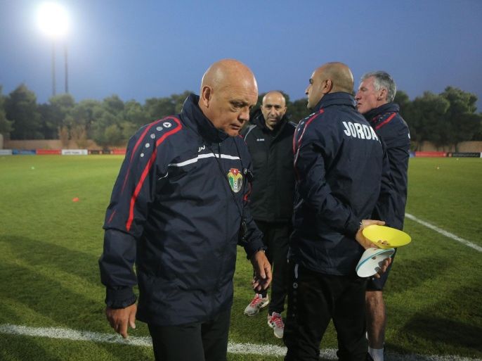 AMMAN, JORDAN - NOVEMBER 13: Ray Wilkins, the new coach of Jordan, who was a former England captain coaching along with his staff, the national football team of Jordan during a training session on November 13, 2014 in Amman, Jordon. The international football match between against South Korea starts on November 14.