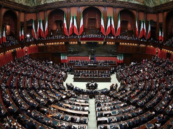 ROME, ITALY - FEBRUARY 03: A general view of the Chamber of Deputies as newly elected President of Republic Sergio Mattarella delivers his first speech to the Italian parliament at Palazzo Montecitorio on February 3, 2015 in Rome, Italy. Sicilian judge Sergio Mattarella is the 12th President of the Italian Republic.