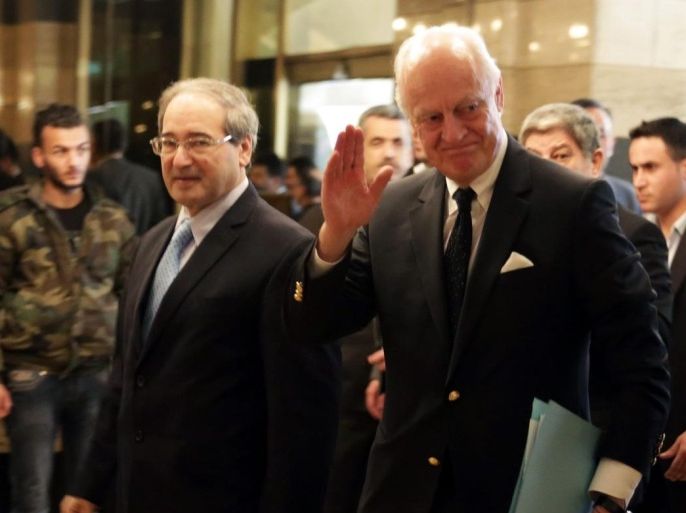 UN envoy on Syria, Staffan de Mistura (R), walks with Deputy Syrian Foreign Minister Faisal Mekdad (L) upon arrival at his residence in Damascus, Syria, 28 February 2015. De Mistura is pushing for a ceasefire in the province of Aleppo as a step towards a wider truce after nearly four years of conflict. De Mistura said that the Syrian government had expressed its readiness to halt its bombardment of Aleppo for six weeks.