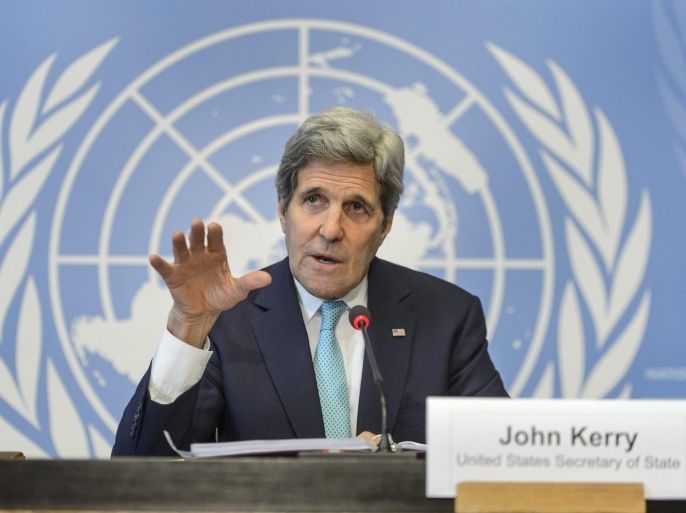 US Secretary of State John Kerry speaks during a press conference on the sideline of the 28th session of the Human Rights Council at the European headquarters of the United Nations, in Geneva, Switzerland, 02 March 2015.
