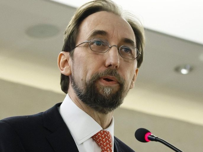 UN High Commissioner for Human Rights, Jordan's Zeid Ra'ad al Hussein speaks during the opening of the High-Level Segment of the 28th session of the Human Rights Council, at the European headquarters of the United Nations in Geneva, Switzerland, Monday, March 2, 2015. The Human Rights Council opens a four-week session with member states and top officials. (AP Photo/Keystone, Salvatore Di Nolfi)