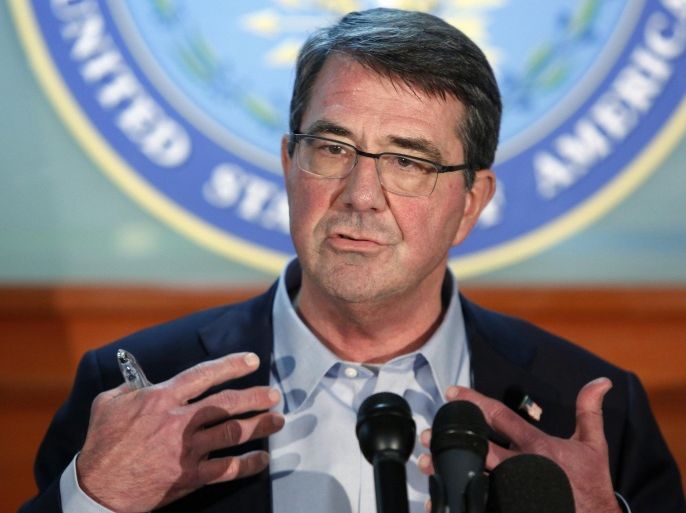 CAMP ARIFJAN, KUWAIT - FEBRUARY 23: U.S. Defense Secretary Ashton Carter speaks to reporters at a news conference after a regional security meeting February 23, 2015 at Camp Arifjan, Kuwait. Carter hosted Lieutenant General James Terry, the senior U.S. commander of U.S.-led coalition efforts in Iraq and Syria, and other top U.S. commanders and diplomats at Camp Arifjan, seeking to make his own assessment of a war strategy that he inherited when he was sworn into office six days ago.