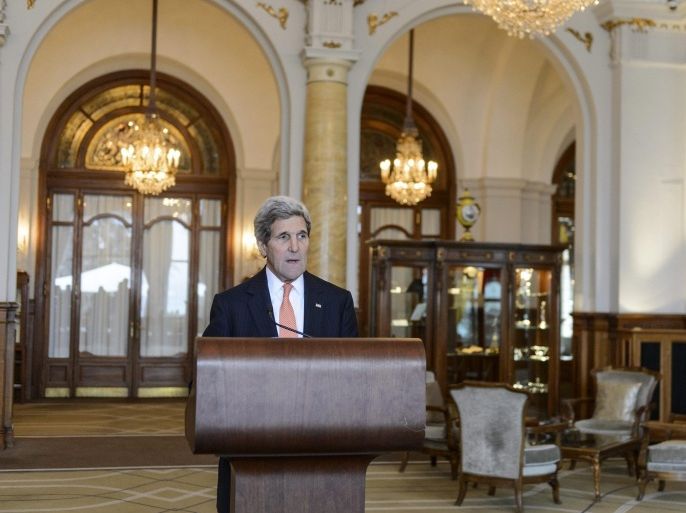 US Secretary of State John Kerry speaks during a press conference after a bilateral meeting with Iranian Foreign Minister Mohammad Javad Zarif (not pictured) during a new round of Iran nuclear talks, in Montreux, Switzerland, 04 March 2015. Kerry travels to Saudi Arabia, after holding fresh talks with Iran, to reassure Arab Gulf allies also weary of a deal.