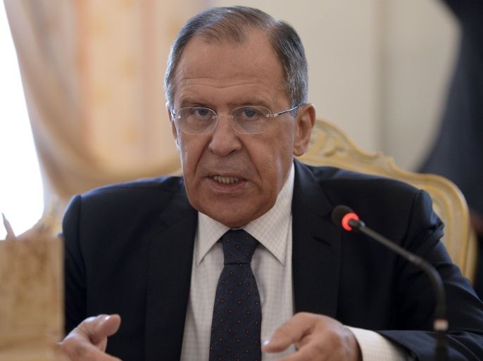 MOW1155 - Moscow, -, RUSSIAN FEDERATION : Russian Foreign Minister Sergei Lavrov speaks during a meeting with his Chinese counterpart in Moscow on April 7, 2015. AFP PHOTO / ALEXANDER NEMENOV