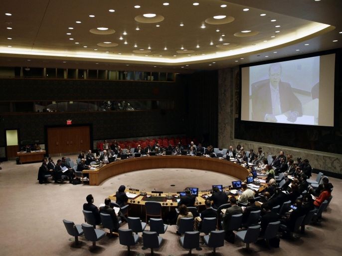 Jamal Benomar (on the video screen), UN Special Adviser on Yemen to the United Nations, addresses the United Nations Security Council (UNSC) on the situation in Yemen at the UN headquarters in New York, USA, 22 March 2015.
