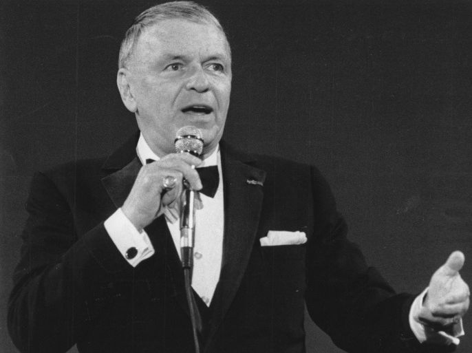 The US-American singer Frank Sinatra during his first and unique concert in Spain at Santiago Bernabeu Stadium. Madrid. 25th September 1986. Photograph.