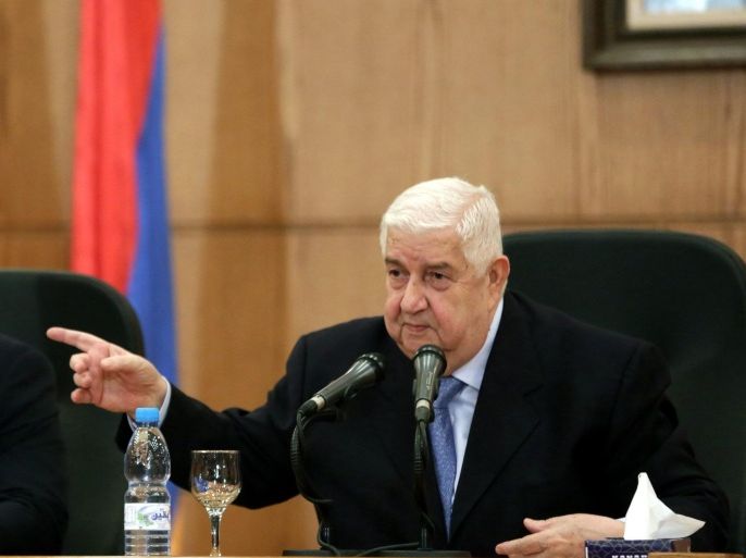 Syrian Foreign Minister Walid al-Moallem(R) and his Armenian counterpart Eduard Nalbandyan (L) attend a press conference in Damascus, Syria, 27 May 2015. According to media reports, Moallem warned that any violation of the Syrian airspace would be considered 'an act of aggression' on Syria, which will have the right to confront 'this aggression'. He also stressed that the Syrian people is able to 'confront all terrorist operations and will work with all its potentials to undermine the projects of partition (of Syria), which the enemies of Syria think about'.