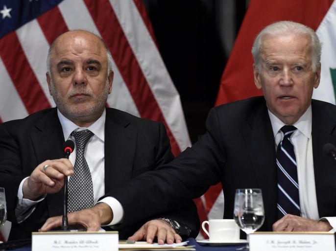 Vice President Joe Biden and Iraq's Prime Minister Haider Al-Abadi participates in a session of the U.S.-Iraq Higher Coordinating Committee, Thursday, April 16, 2015, in the Indian Treaty Room of the Eisenhower Executive Office Building on the White House complex in Washington. The meeting will bring together officials from across the U.S. and Iraqi governments to discuss energy, economic cooperation, and other issues in the bilateral relationship. (AP Photo/Susan Walsh)