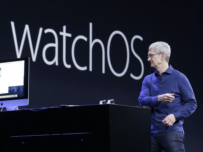 Apple CEO Tim Cook talks about the Apple Watch operating system at the Worldwide Developers Conference in San Francisco, Monday, June 8, 2015. (AP Photo/Jeff Chiu)
