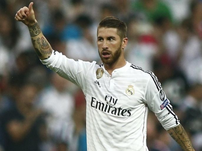 Real Madrid's Sergio Ramos reacts during the Champions League second leg semifinal soccer match between Real Madrid and Juventus, at the Santiago Bernabeu stadium in Madrid, Wednesday, May 13, 2015. (AP Photo/Oscar del Pozo)