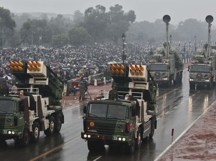 Indian Army's Pinaka multi barrel rocket launcher systems are displayed during the Republic Day parade in New Delhi January 26, 2015. U.S. President Barack Obama watched a dazzling parade of India's military might and cultural diversity on Monday, the second day of a visit trumpeted as a chance to establish a robust strategic partnership between the world's two largest democracies. REUTERS/Adnan Abidi (INDIA - Tags: ANNIVERSARY MILITARY)