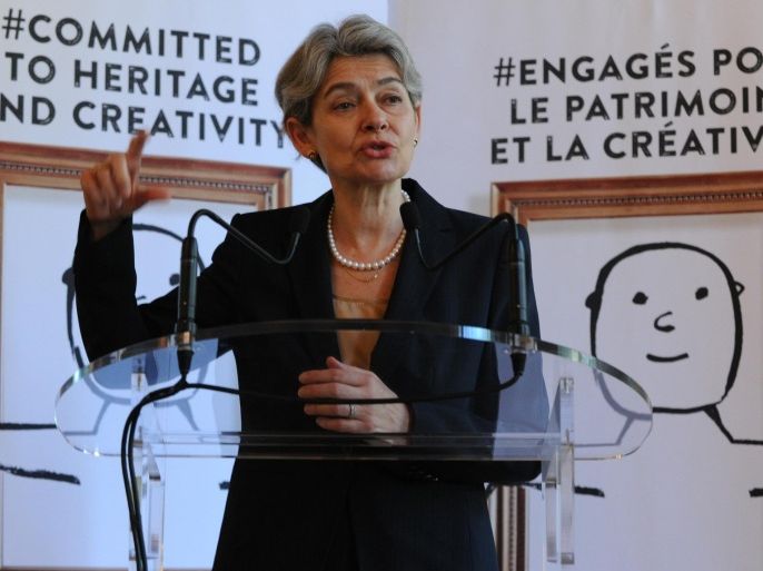UNESCO Director General Irina Bokova talks during a press conference in Paris on June 23, 2015. Unesco and the Comite Colbert launched a poster campaign to raise public awareness of the need to foster creativity and safeguard cultural heritage, Unesco and Comite Colbert said. The Comite Colbert gathers French luxury houses and several cultural institutions.AFP PHOTO ERIC PIERMONT