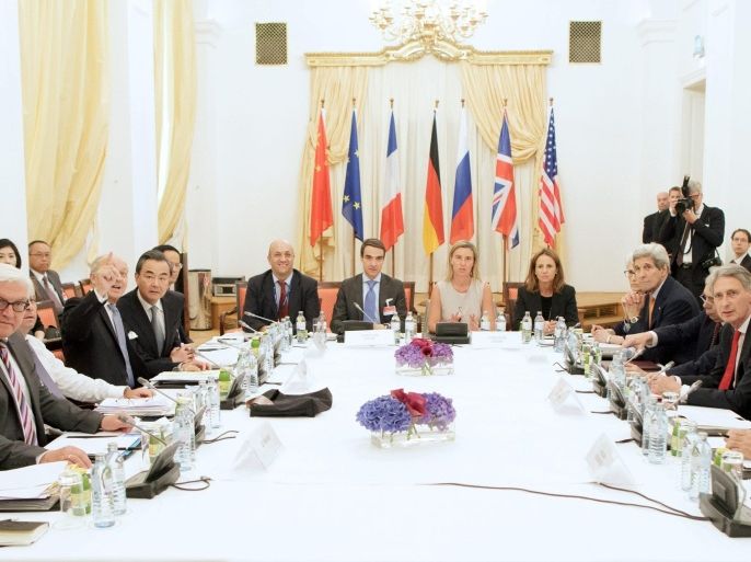 German Foreign Minister Frank-Walter Steinmeier (L), French Foreign Minister Laurent Fabius (3-L), Chinese Foreign Minister Wang Yi (4-L), European Union High Representative for Foreign Affairs and Security Policy Federica Mogherini (C), U.S. Secretary of State John Kerry (5-R), British Foreign Secretary Philip Hammond (3-R) and Russian Foreign Minister Sergey Lavrov (R) during a photo opportunity at the Palais Coburg where talks between the E3+3 (France, Germany, UK, China, Russia, US) and Iran continue, in Vienna, Austria, 07 July 2015. Western chief diplomats urged Iran to seize the opportunity to end the long stand-off over the its nuclear programme, as they started a last effort on 05 July to clinch a broad agreement with the Islamic republic. Foreign ministers from Britain, China, France, Russia, the United States and Germany gathered Sunday evening in Vienna ahead of a self-imposed 07 July deadline to strike a deal with Iran.
