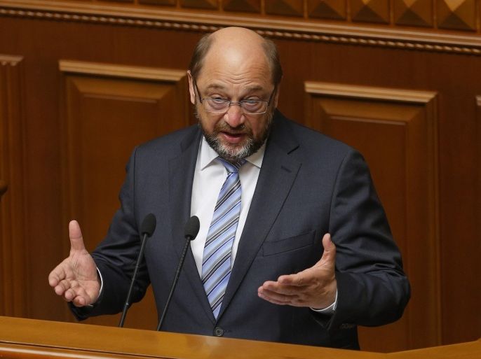 President of the European Parliament Martin Schulz addresses Ukrainian lawmakers in Parliament in Kiev, Ukraine, Friday, July 3, 2015. (AP Photo/Sergei Chuzavkov)