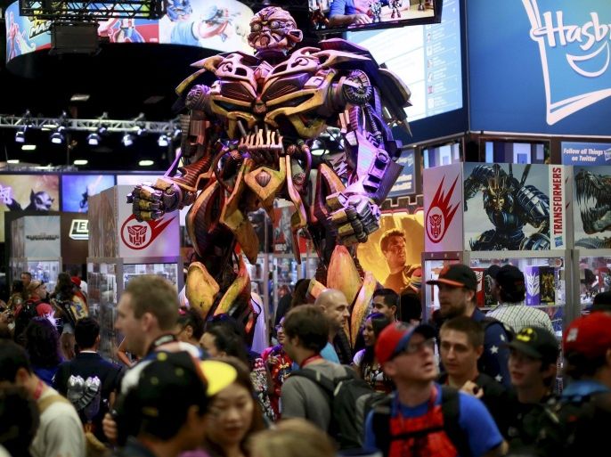 A Transformers statue stands on display at the Hasbro booth during the 2014 Comic-Con International Convention in San Diego, California in this July 25, 2014, file photo. Hasbro Inc., is expected to report Q1 earnings on April 20, 2015. REUTERS/Sandy Huffaker/FilesGLOBAL BUSINESS WEEK AHEAD PACKAGE - SEARCH "BUSINESS WEEK AHEAD APRIL 20" FOR ALL IMAGES
