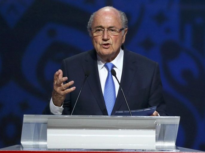 FIFA President Sepp Blatter addresses during the preliminary draw for the 2018 FIFA World Cup at Konstantin Palace in St. Petersburg, Russia July 25, 2015. REUTERS/Stringer