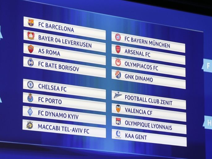 1890 - Monaco, -, MONACO : The draw for the groups E, F, G and H is displayed on a screen during the UEFA Champions League Group stage draw ceremony, on August 27, 2015 in Monaco. AFP PHOTO / VALERY HACHE