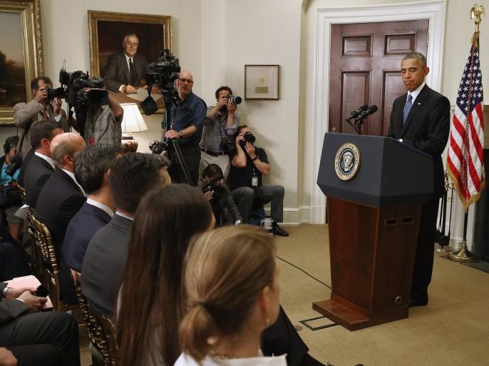 WASHINGTON, DC - JUNE 24: U.S. President Barack Obama announces changes to the government's hostage policy in the Roosevelt Room at the White House June 24, 2015 in Washington, DC. Families of hostages taken and killed by ISIS and other terrorism groups have described the government's interaction with them as unresponsive and uncaring. Obama said that would change but added that the policy of refusing to pay ransom would remain.