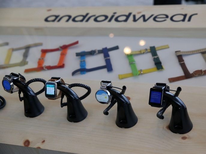 SAN FRANCISCO, CA - MAY 28: Google Android Wear smart watches are displayed during the 2015 Google I/O conference on May 28, 2015 in San Francisco, California. The annual Google I/O conference runs through May 29.