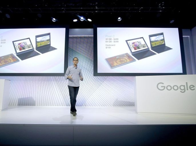 Andrew Bowers, director of product management at Google, speaks about the new Google Pixel C tablet during an event on Tuesday, Sept. 29, 2015, in San Francisco. The tablet is aimed at consumers and workers who want a device that can accommodate a lot of typing. (AP Photo/Tony Avelar)